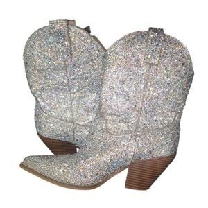 Silver Rhinestone Sparkly Cowboy Western Boots Pointed Toe Bride Wedding Sz 8.5